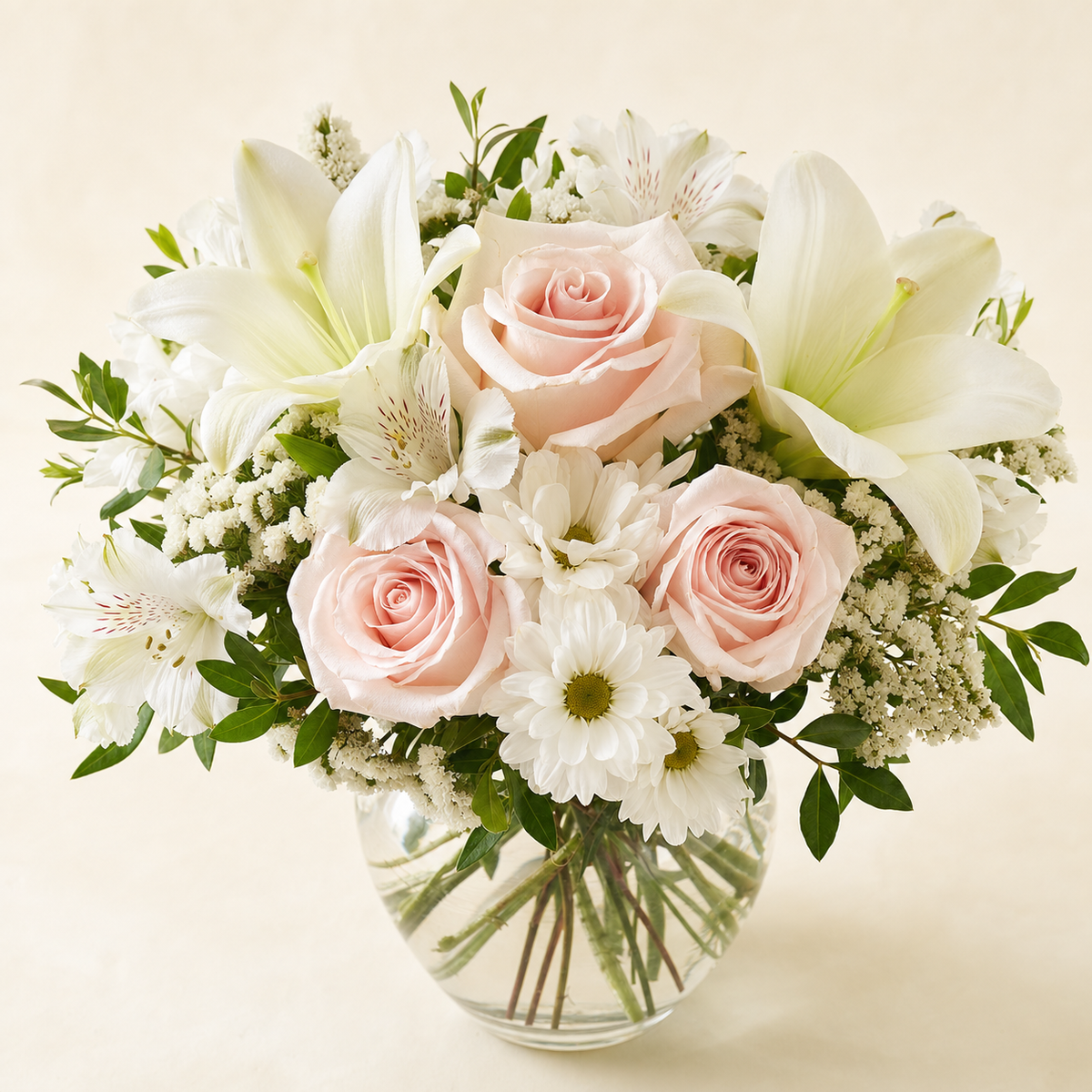 Elegant Arrival Standard – compact arrangement of pale pink roses, white Asiatic lilies, alstroemeria, spray mums and white statice in a clear glass vase, smaller lighter version