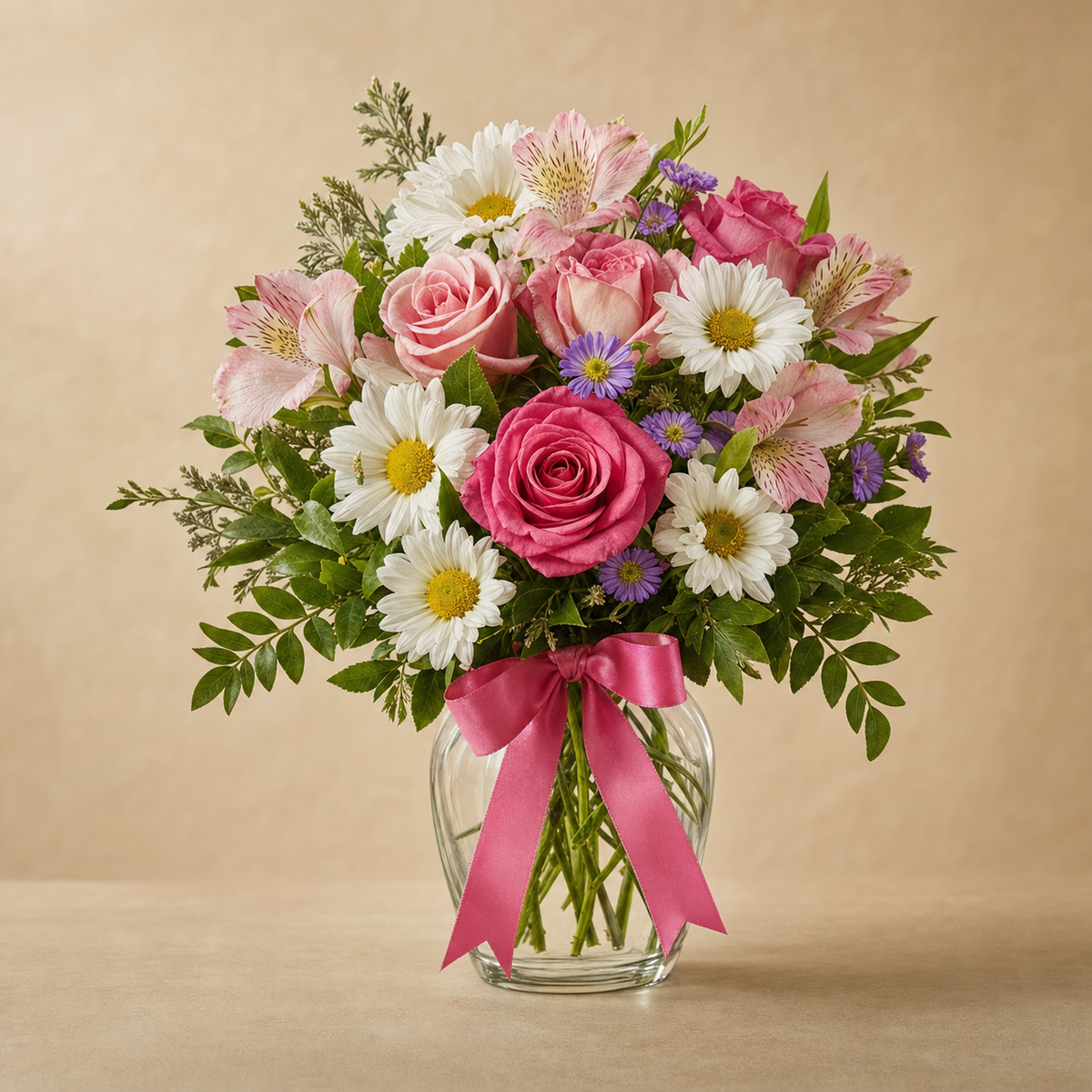 Elegant Please Standard – compact arrangement of white daisy chrysanthemums, pink roses, pink alstroemeria and purple aster accents in a clear glass vase with pink bow, smaller lighter version