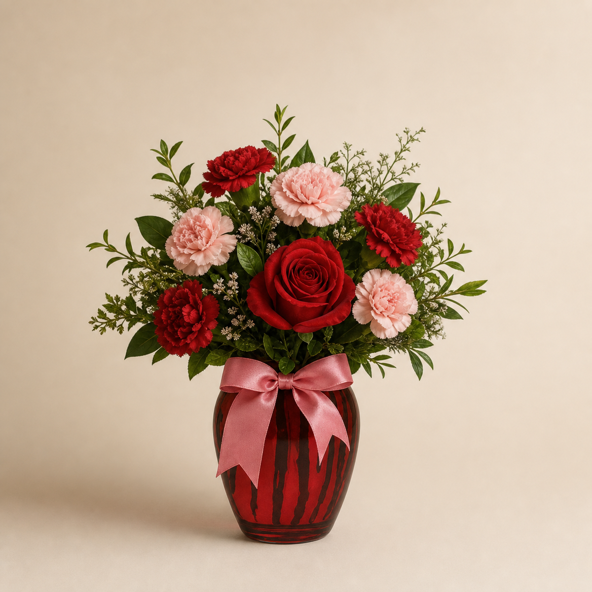 Enchanting Waltz smaller Standard red rose and pink carnation fresh flower arrangement in a ruby-red striped glass vase with a pink bow