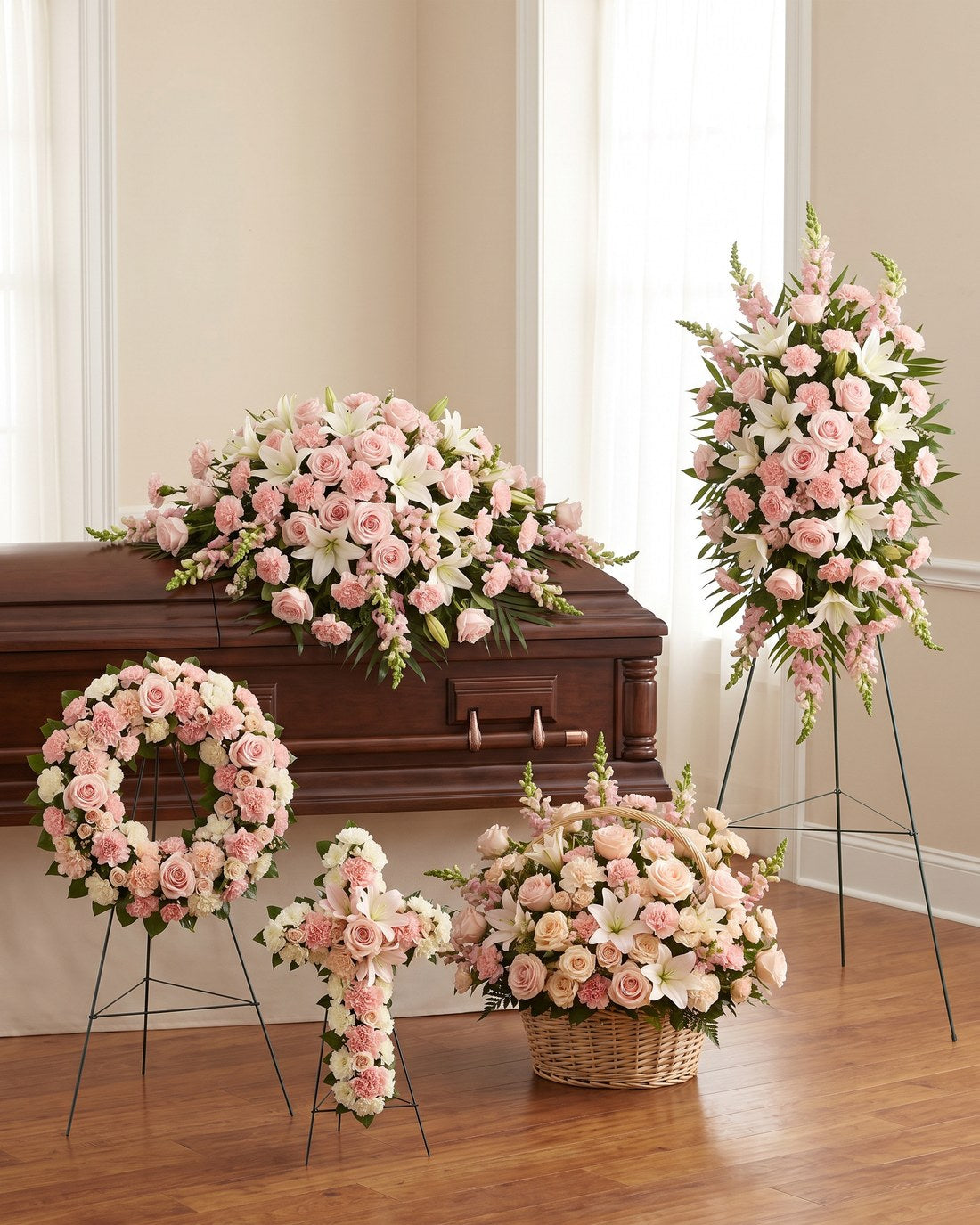 pink funeral package - coordinated set of distinct arrangements