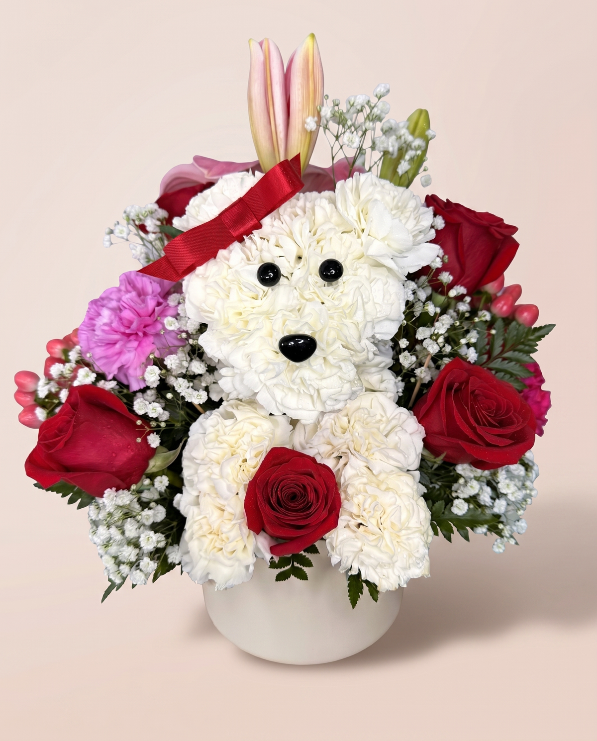 Love Pup Blooms — floral puppy of white carnations with red roses and a red bow