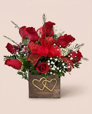 Heartfelt Rose Box — red roses and baby's breath in a wooden keepsake box with a gold heart