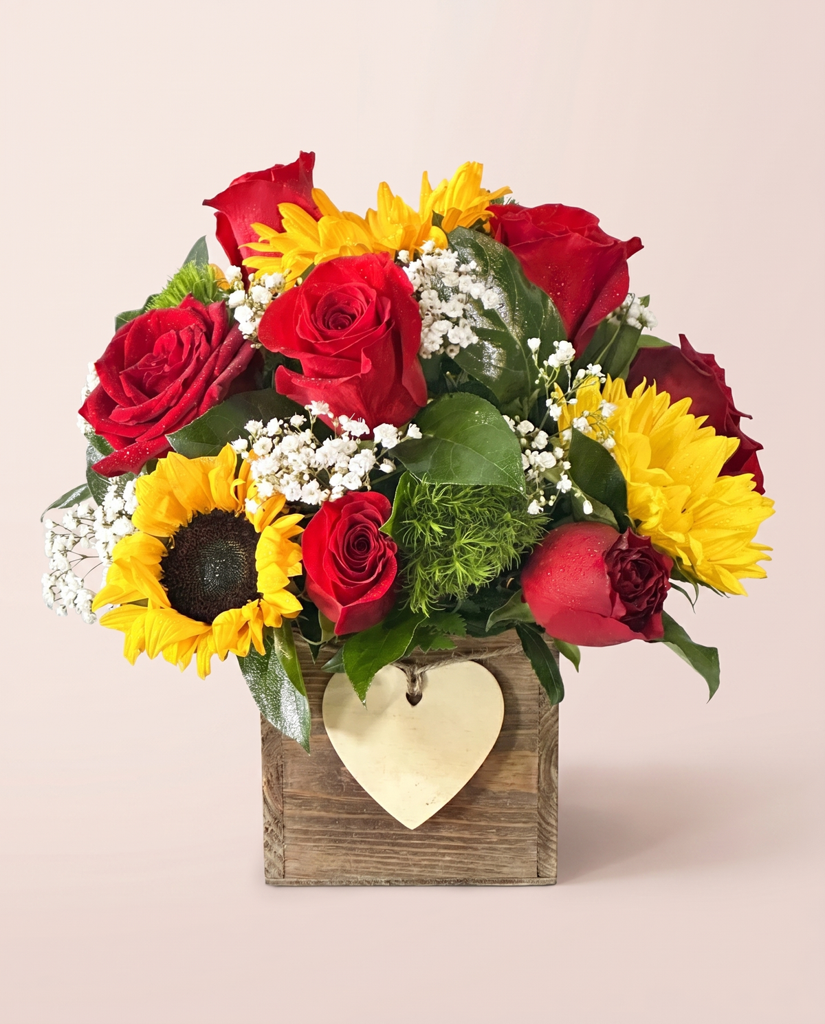 Sunshine and Roses Box — red roses and sunflowers in a rustic wooden box