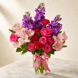 Joyful Embrace Standard – compact arrangement of purple stock, hot pink spray roses, red mini carnations and pink alstroemeria in a clear glass vase with pink ribbon, smaller lighter version