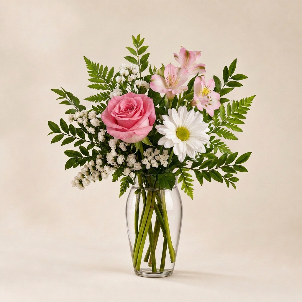 Royal Splendor smaller Standard pink and white fresh flower arrangement in a clear glass vase
