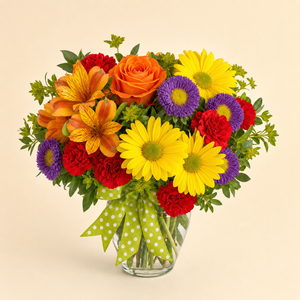 Wishful Elegance Standard – compact arrangement of yellow daisy chrysanthemums, orange roses, orange alstroemeria, red carnations and purple asters in a clear glass vase with green polka-dot bow, smaller lighter version