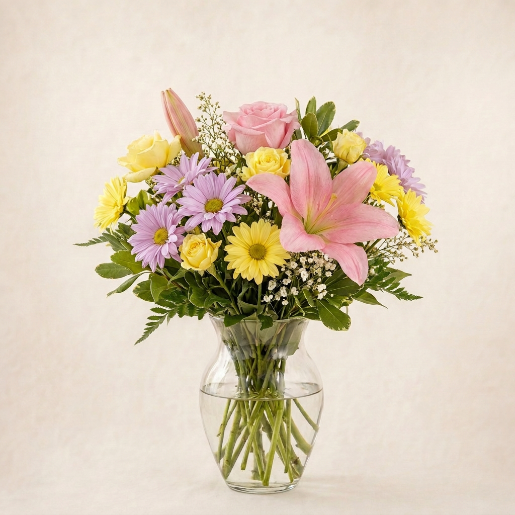 Blooming Elegance Standard – compact arrangement of pink lilies, pink rose, lavender daisies, yellow daisies and yellow spray roses in a clear glass vase, smaller lighter version