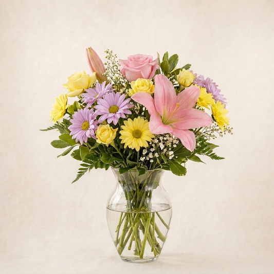 Blooming Elegance Standard – compact arrangement of pink lilies, pink rose, lavender daisies, yellow daisies and yellow spray roses in a clear glass vase, smaller lighter version