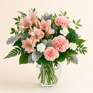 Blooming Whisper Standard – compact arrangement of pink alstroemeria, pink carnations, white mini carnations with dusty miller and assorted greens in a clear glass vase, smaller lighter version