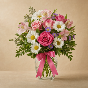 Elegant Please Standard – compact arrangement of white daisy chrysanthemums, pink roses, pink alstroemeria and purple aster accents in a clear glass vase with pink bow, smaller lighter version