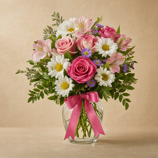 Elegant Please Standard – compact arrangement of white daisy chrysanthemums, pink roses, pink alstroemeria and purple aster accents in a clear glass vase with pink bow, smaller lighter version