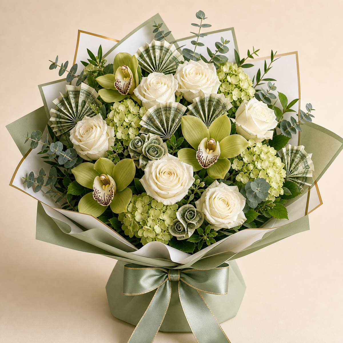 Emerald Cash Garden Bouquet with white flowers green orchids and folded money