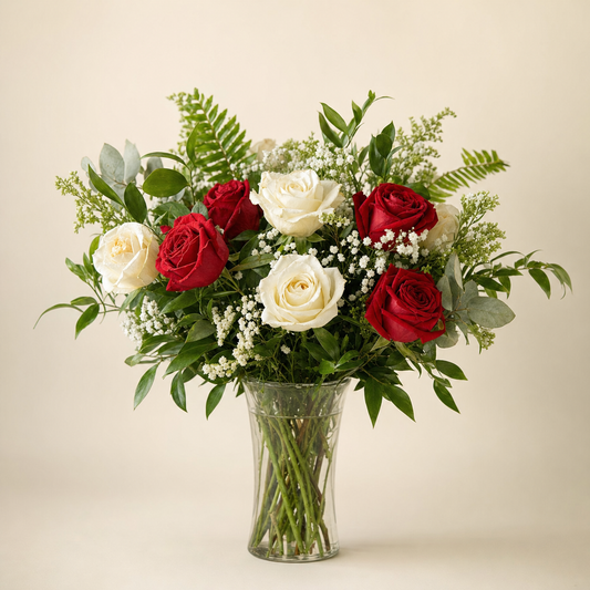 Eternal Love Standard – compact red and white rose arrangement with white statice and fresh greenery in a clear Romanesque vase, smaller and lighter version