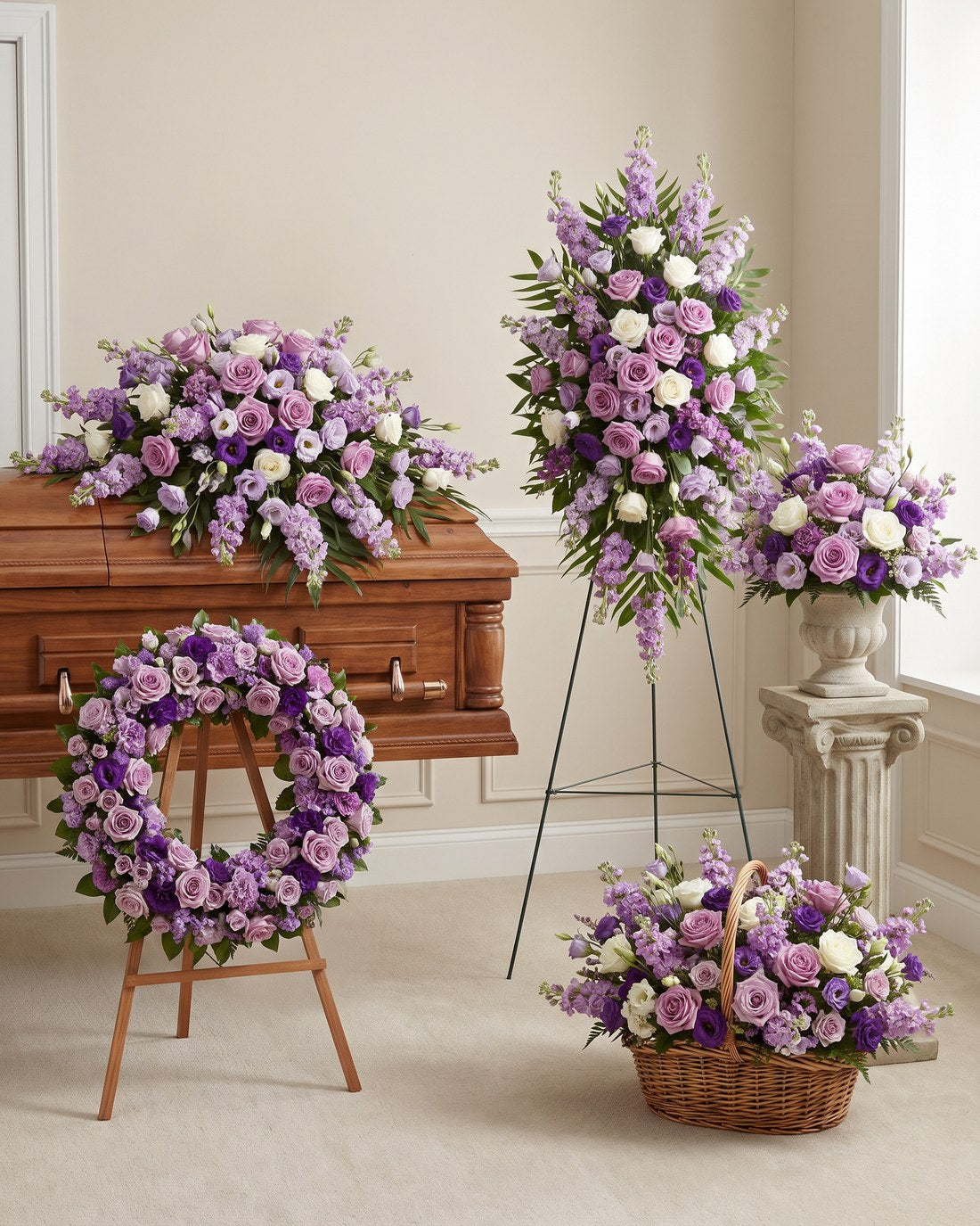 lavender funeral package - coordinated set of distinct arrangements