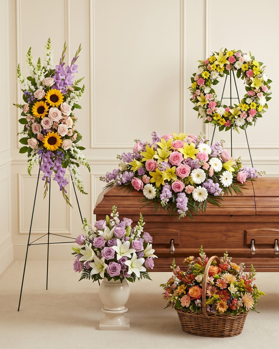 multicolor funeral package - coordinated set of distinct arrangements
