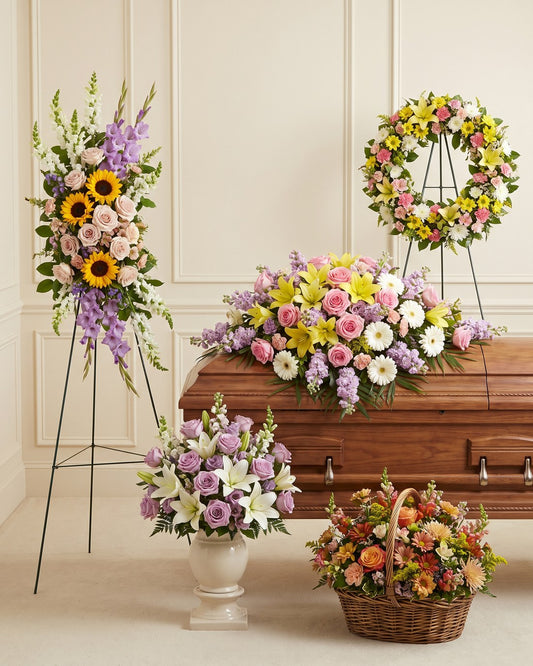 multicolor funeral package - coordinated set of distinct arrangements