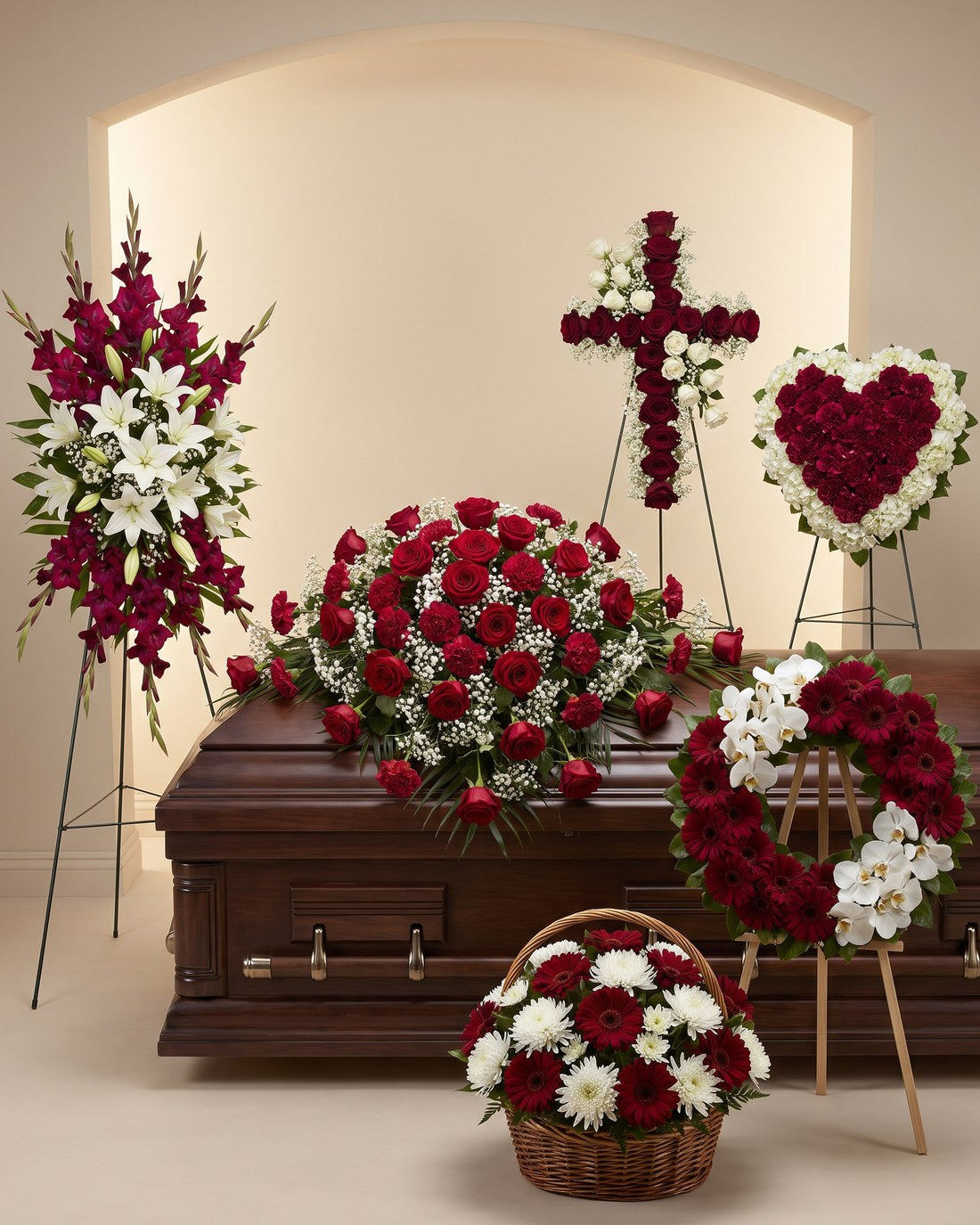 red funeral package - coordinated set of distinct arrangements