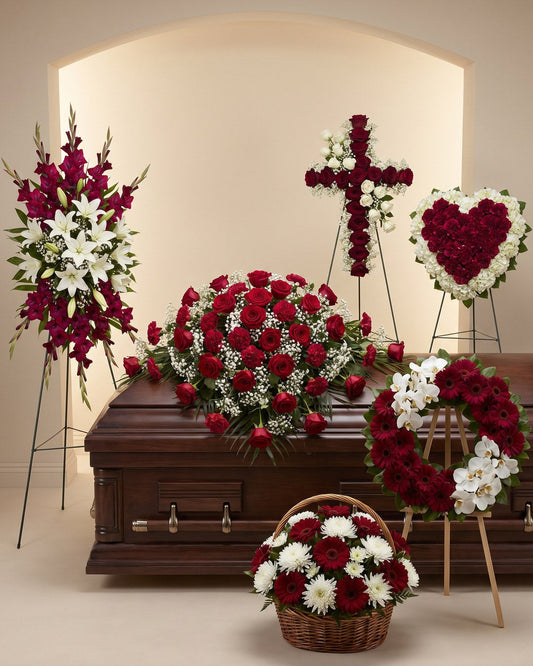red funeral package - coordinated set of distinct arrangements