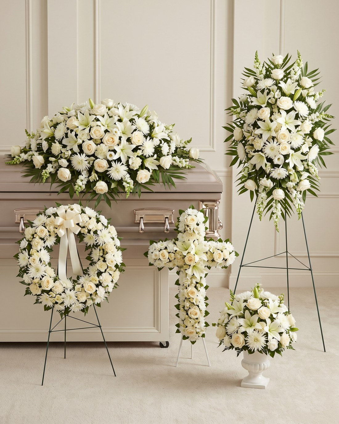 white funeral package - coordinated set of distinct arrangements