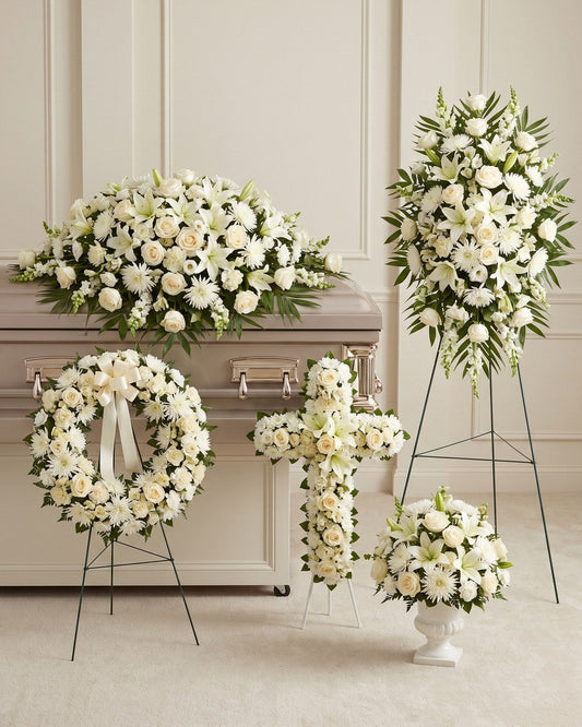 white funeral package - coordinated set of distinct arrangements