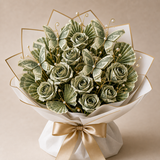 Golden Money Butterfly Bouquet made with folded money butterflies and fan shapes
