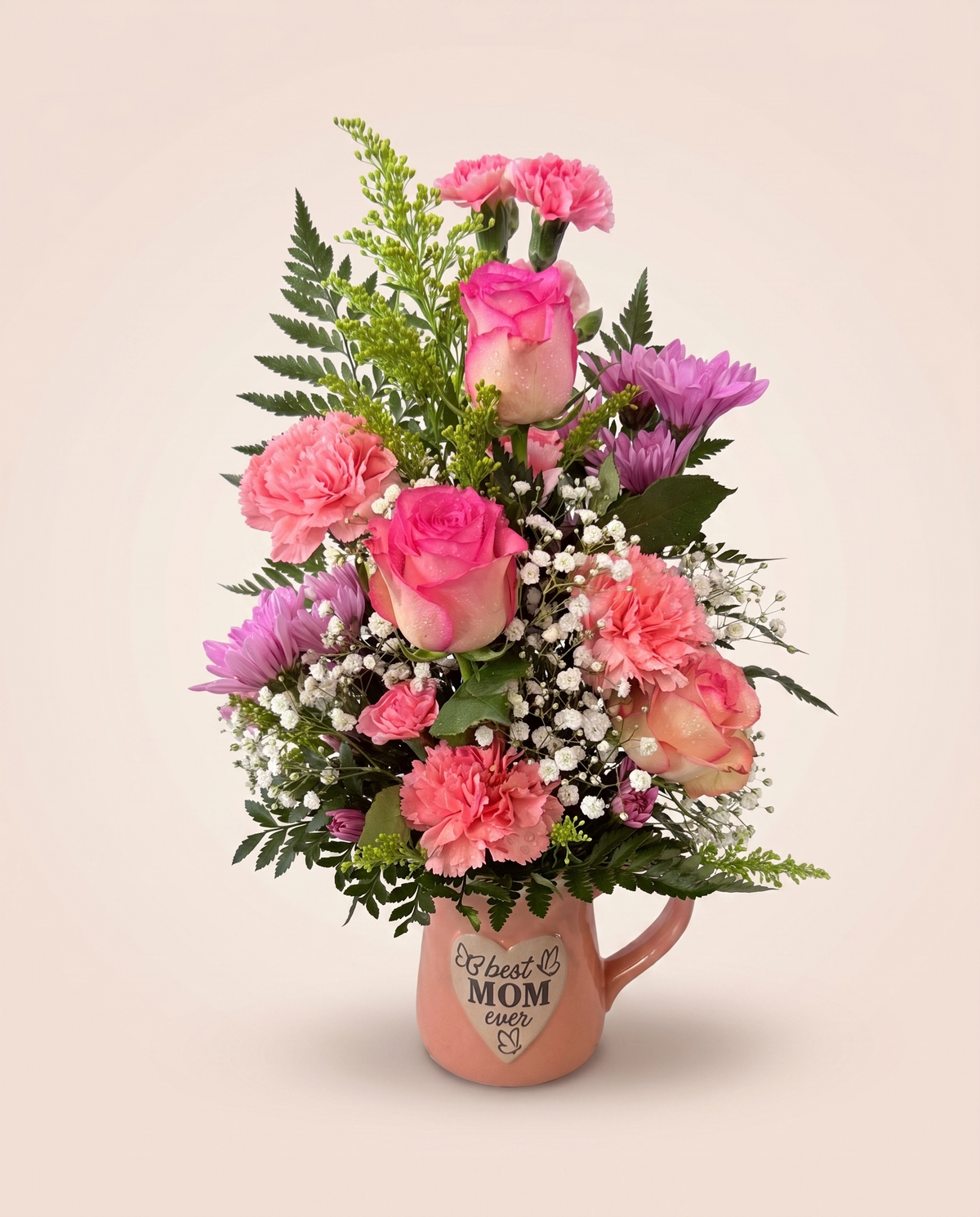 Coral Sunrise Arrangement — coral and pink roses with fern accents