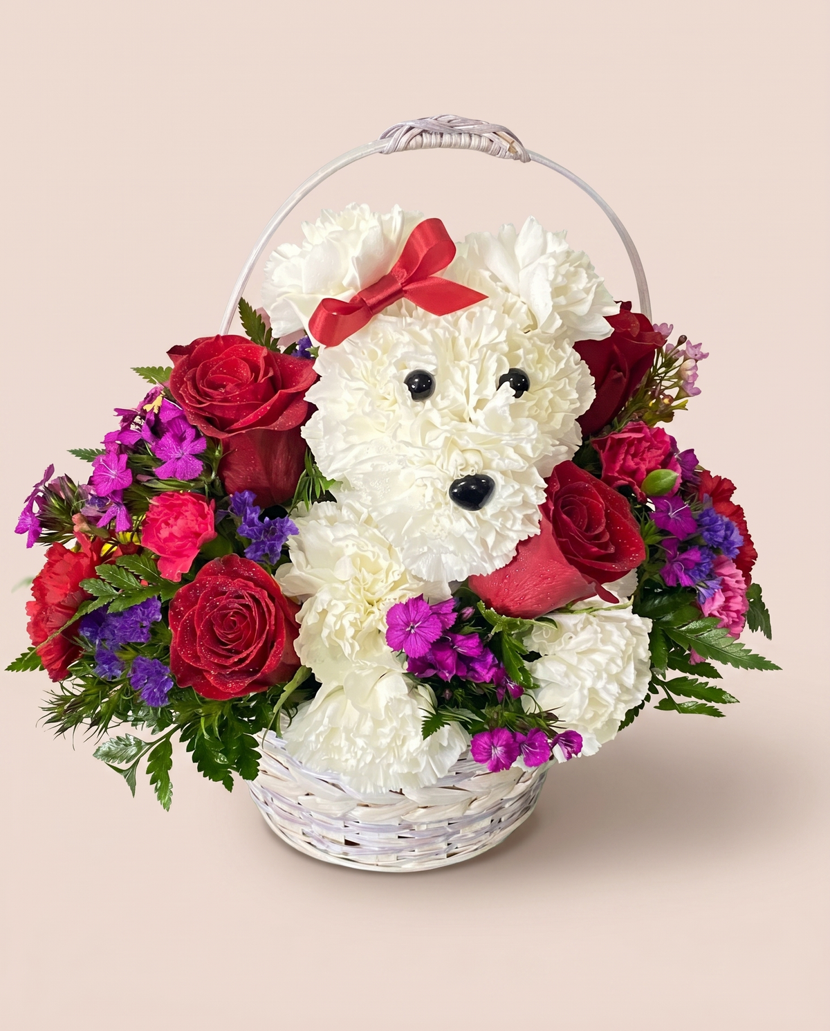 Puppy Love Blooms — floral puppy made of white carnations with red roses in a basket