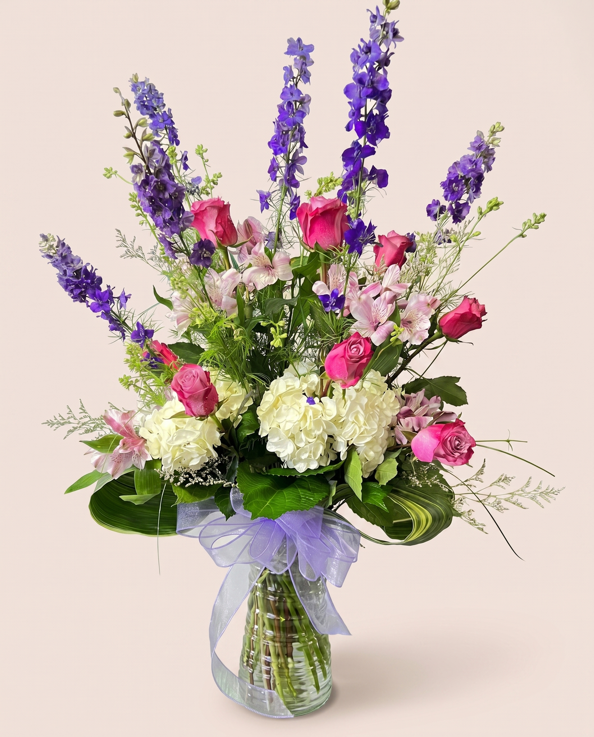 Majestic Garden Tower — tall pink roses, white hydrangea, and purple delphinium