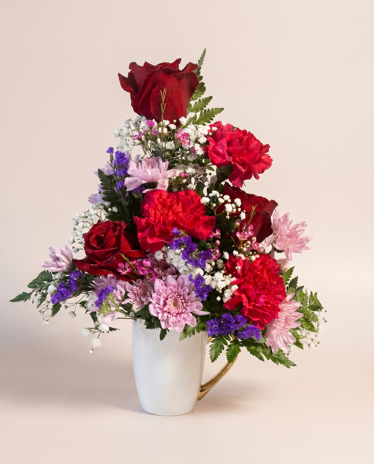 Sweet Keepsake Mug — red and pink roses with purple blooms in a ceramic mug