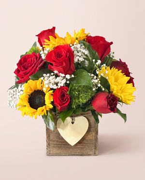 Sunshine and Roses Box — red roses and sunflowers in a rustic wooden box