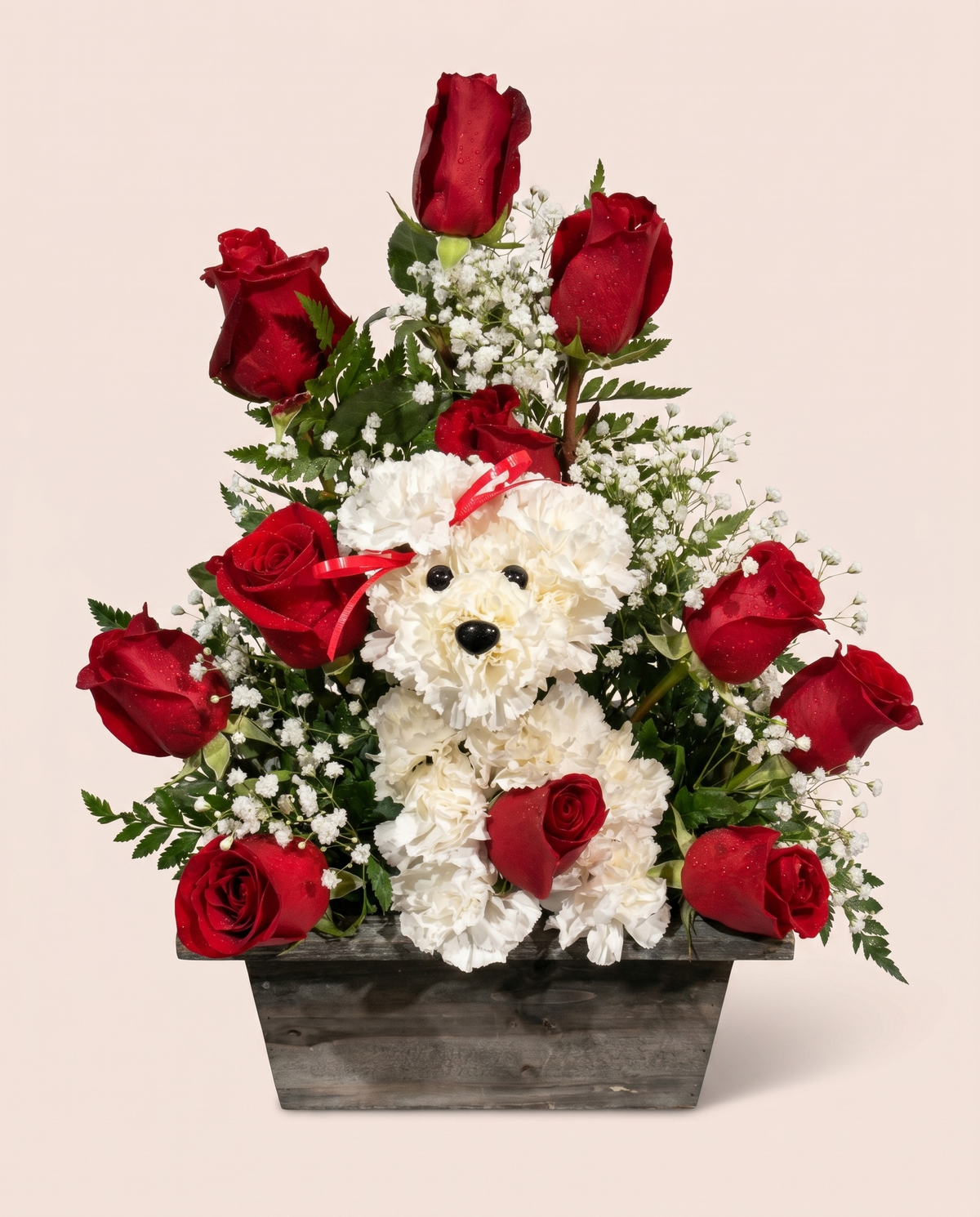 Rose and Teddy Keepsake — red roses surrounding a white teddy bear in a wooden box