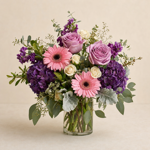 Lavender Luxe Standard – compact arrangement of purple hydrangea, lavender roses, pink gerbera daisies and cream spray roses in a clear glass vase, smaller lighter version