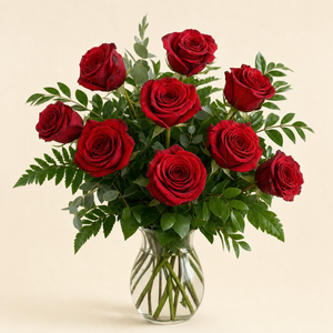 Love's Elegance Standard – compact bouquet of red long-stemmed roses with fresh green fern and eucalyptus in a clear glass vase, smaller lighter version
