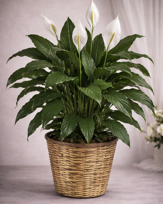 Peace Lily plant with white blooms in a woven basket