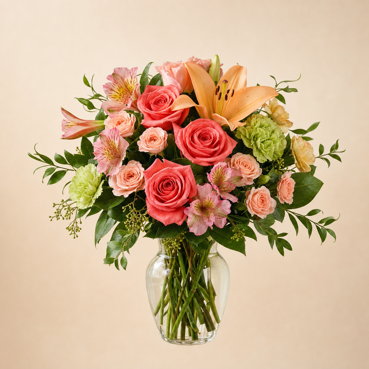 Peachy Blush Elegance Standard – compact arrangement of coral-pink roses, pink spray roses, peach asiatic lily, peach and pink alstroemeria and green carnations in a clear glass vase, smaller lighter version