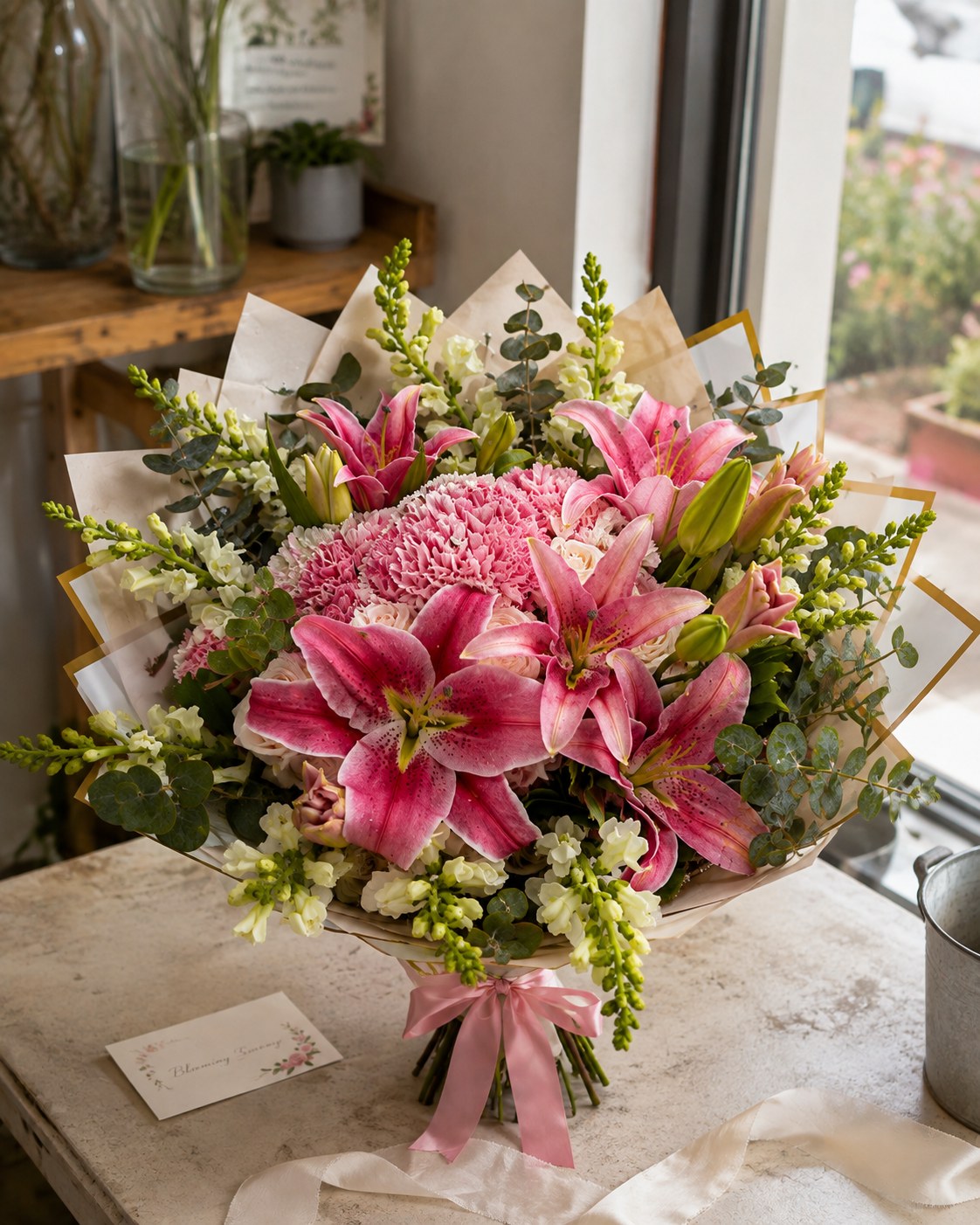 Pink Stargazer Luxe bouquet with pink lilies, roses, carnations and snapdragons