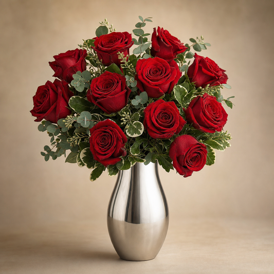 Romantic Elegance Standard – compact arrangement of 12 red roses with seeded eucalyptus and variegated pittosporum in a gleaming silver vase, smaller version