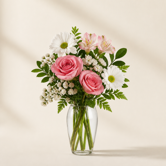 Royal Splendor smaller Standard pink and white fresh flower arrangement in a clear glass vase