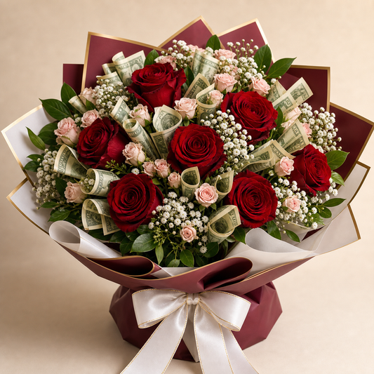 Ruby Romance Cash Bouquet with red roses and folded money accents