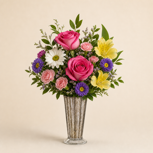 Shine & Smile Bouquet smaller Standard pink rose, yellow alstroemeria, white daisy and purple aster fresh flower arrangement in a tall silver-finish vase