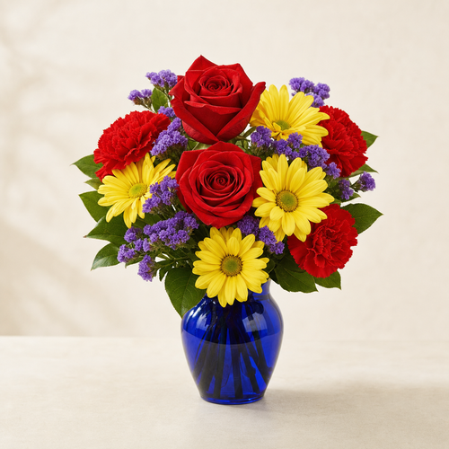 Treasure Bloom Standard – compact arrangement of red roses, red carnations, yellow daisies and purple statice in a cobalt blue glass vase, smaller lighter version