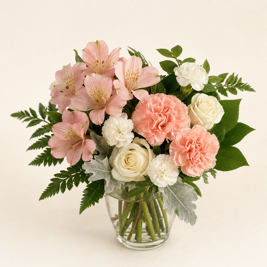 Whispered Elegance Standard – compact arrangement of pink alstroemeria, peachy-pink carnations, creamy white roses, white mini carnations with dusty miller and fern in a clear glass vase, smaller lighter version