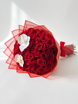 Crimson Orchid Embrace Red Roses And White Orchids Bouquet as shown
